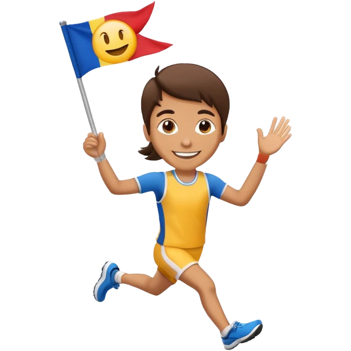 happy runner waving a flag that says 'emojiland' emoji