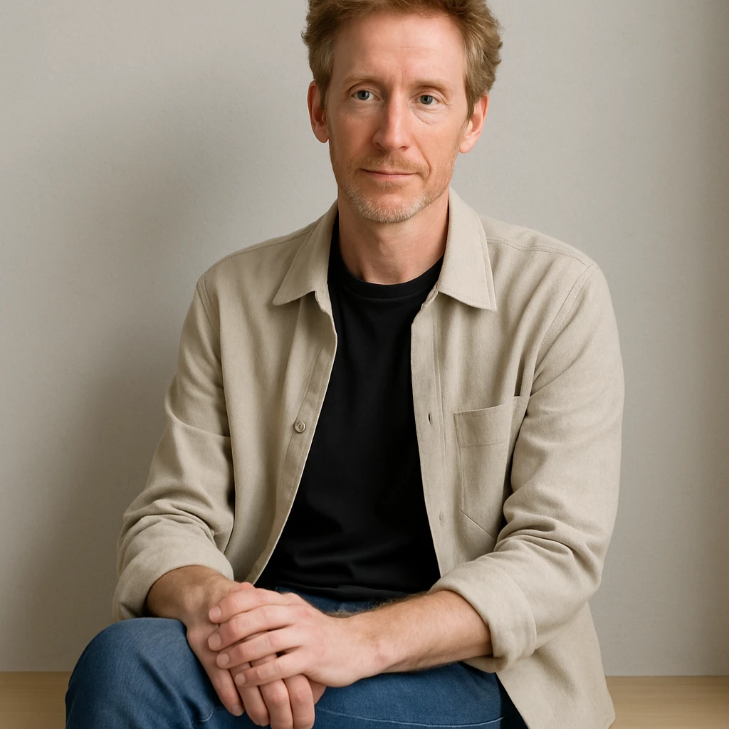slender male with graying red hair, brown eyes, contemporary look, relaxed pose emoji
