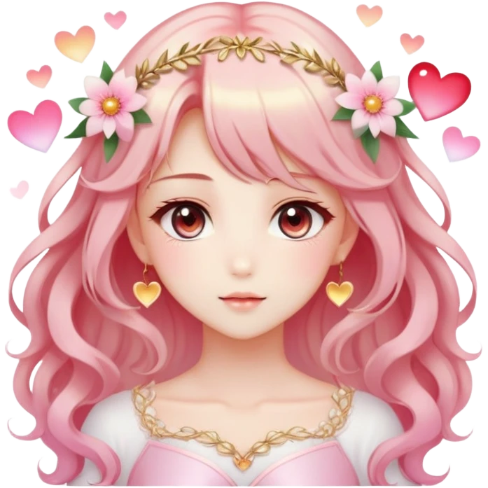 Dreamy pretty pastel anime flowers hearts divine laurel lady with pretty hair and gorgeous eyes, romantic aesthetic, reds, pinks, golds, whites, gradient hues, shiny, sparkly, cute, beautiful, sexy emoji