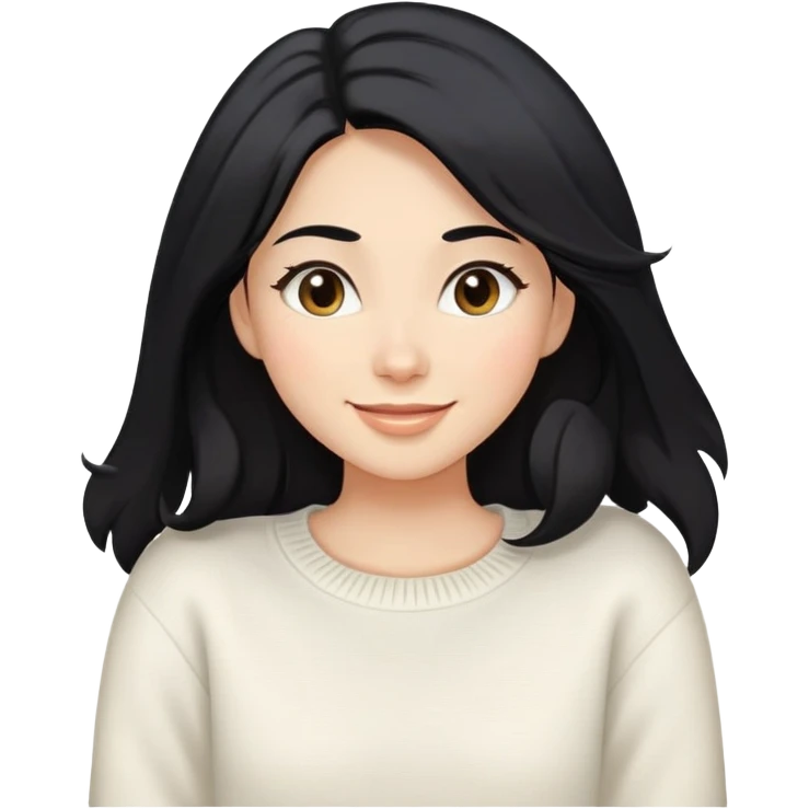 A woman with longer black hair, light to medium skin tone, full cheeks, and almond-shaped eyes, wearing a simple white sweater, joyful and radiant expression, cheerful. emoji