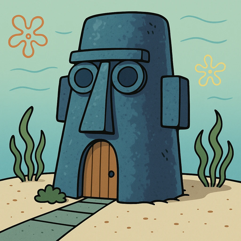 Squidward's Easter Island head house, cartoon style emoji