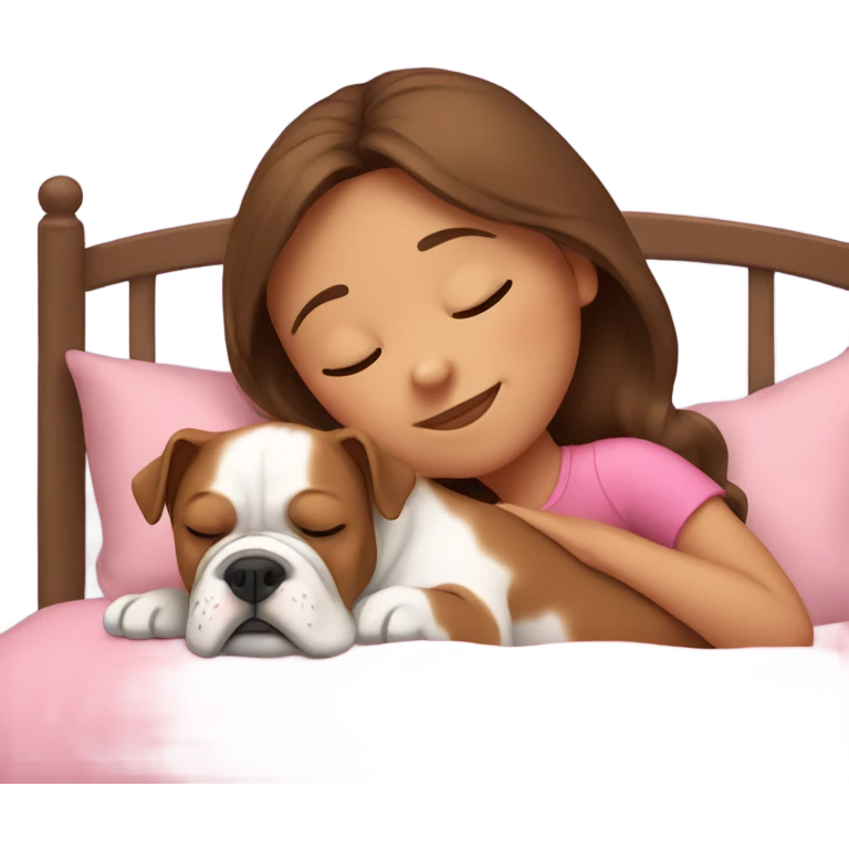 Sleeping girl in pink bed with brown hair and bulldog emoji