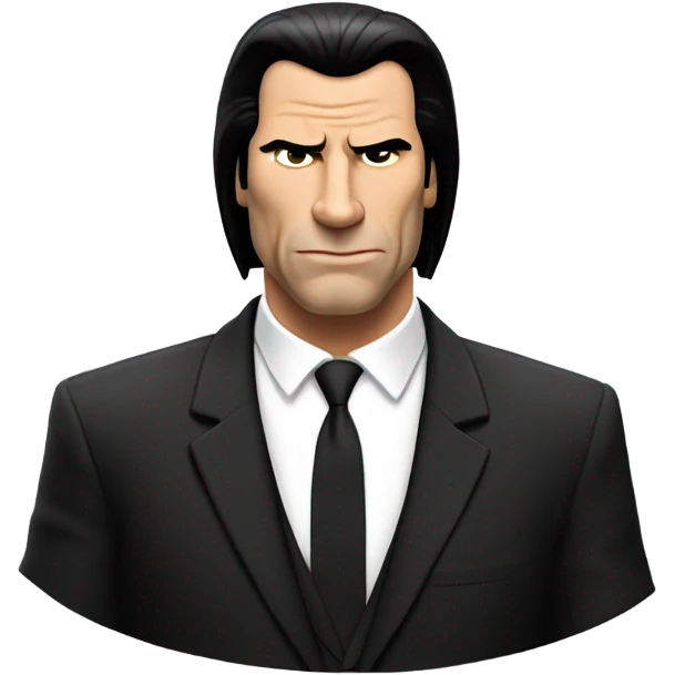 Generate an emoji-style version of the Confused Travolta meme featuring a simplified, cartoon-like representation of John Travolta's character from Pulp Fiction. The figure should have a puzzled expression, with slightly raised eyebrows and an open hand gesture.  the character should wear a black suit with a white shirt.  emoji