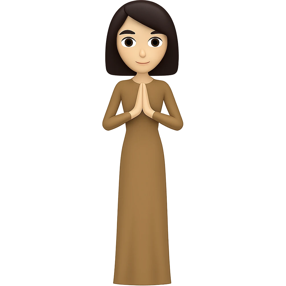 Make the woman very thin, standing and praying from the front view, wearing a long tan dress, with dark brown hair, in an emoji style. Remove the background. emoji