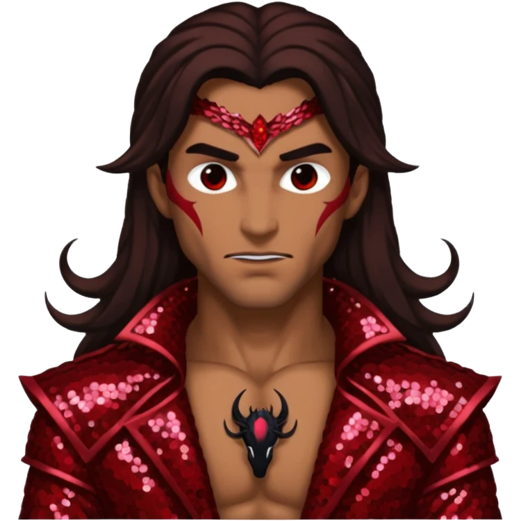 Samael, Venom of God from Gods and Goddesses with tan skin, long dark brown hair, dark red sequin outfit emoji
