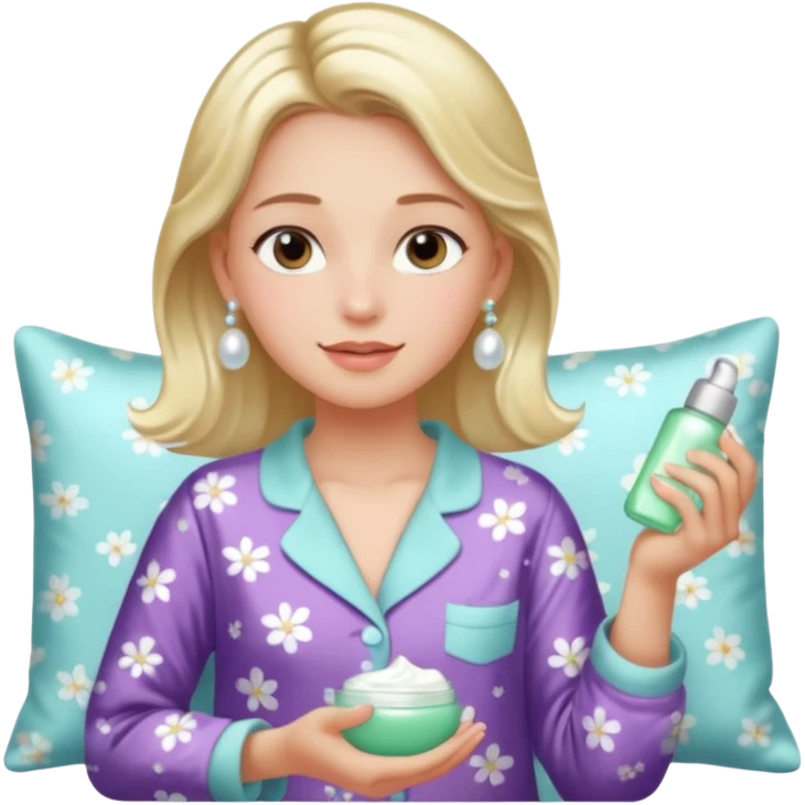 Clean girl aesthetic emoticons, apply skincare products, pearl earrings, glowing skin, pajamas, soft lighting emoji