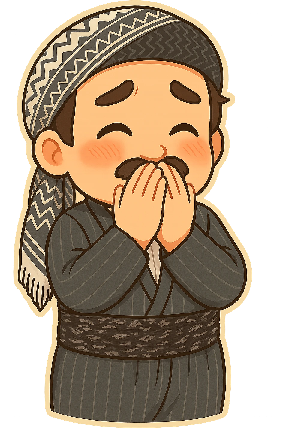 Cartoon sticker of a Kurdish man with the same clothes and scarf as the reference image, no changes to clothes or scarf, face showing a shy expression, hands in front of the mouth (hiding laughter or shyness), colorful and cheerful, no shadows or color halos around the image, no text, suitable for WhatsApp and Instagram, fully transparent background. emoji
