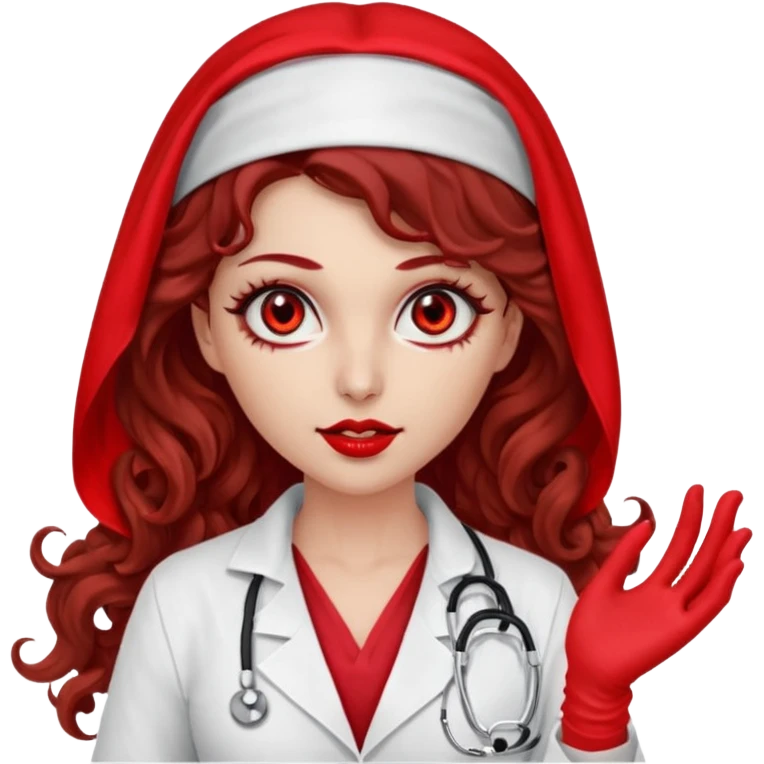 Lilith scalpel in hand, evil surgeon sexy surgeon clothes.  She has red eyes.  Hair is long. Hair is brown and curly hair. Wears sexy doctor outfit with red gloves. Covers mouth neck and nose with mouth veil red emoji