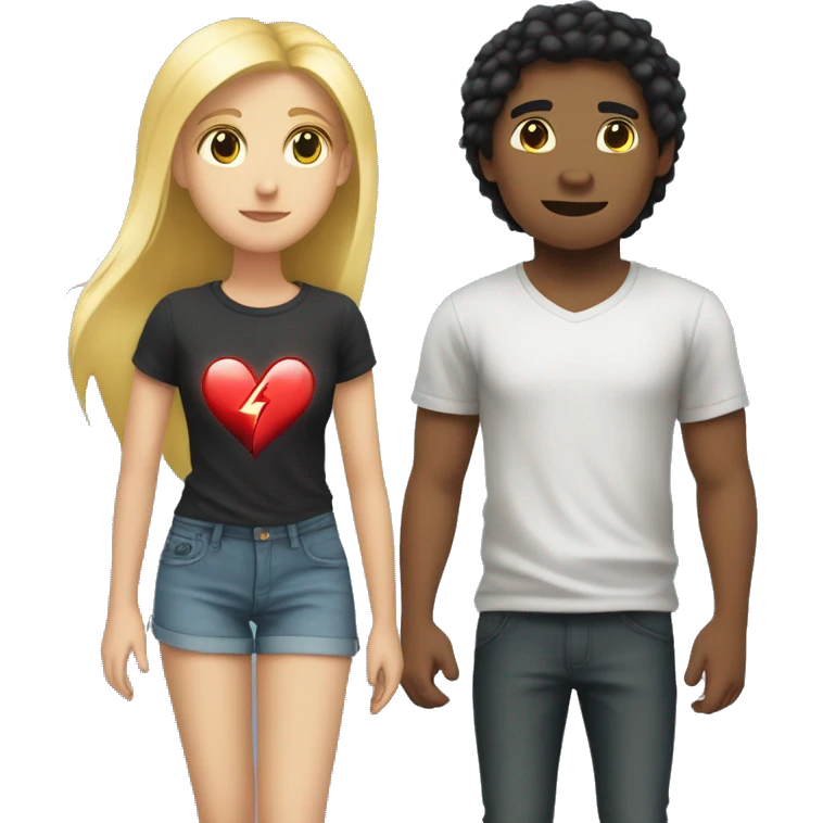 An emoji of a young girl with long blonde hair standing next to her boyfriend, who has black hair and fair skin. A heart symbol is between them, and the boy's T-shirt features a lightning bolt symbol emoji