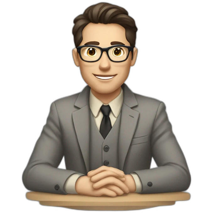 Pale skinned Fit Man With dark brown hair in gray jacket with emblem Ψ, beige office shirt and vintage glasses Sitting at the table emoji