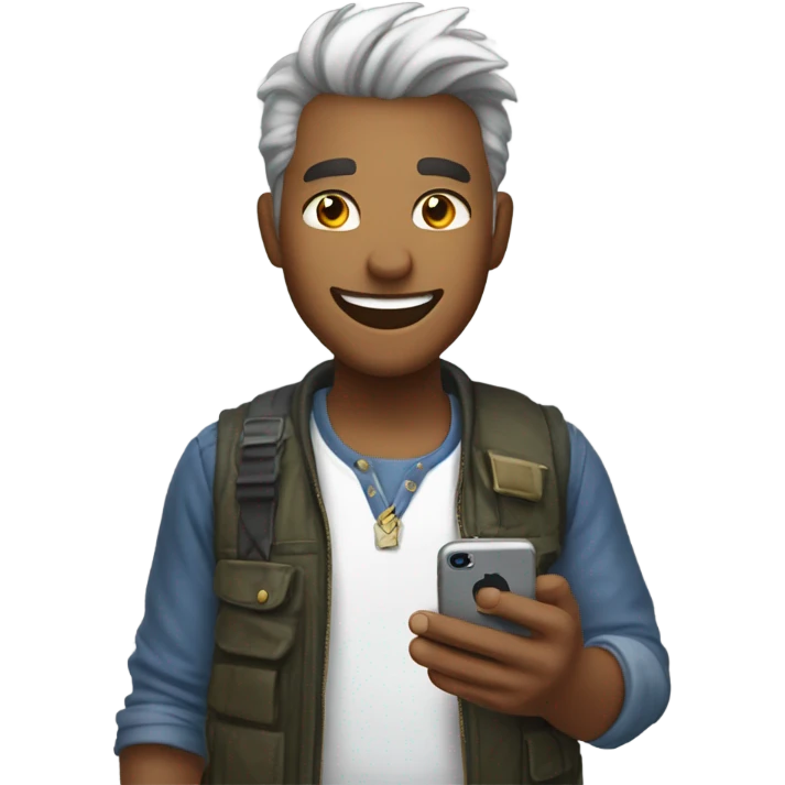 happy holding iphone 15 playing gragon city mobile game emoji