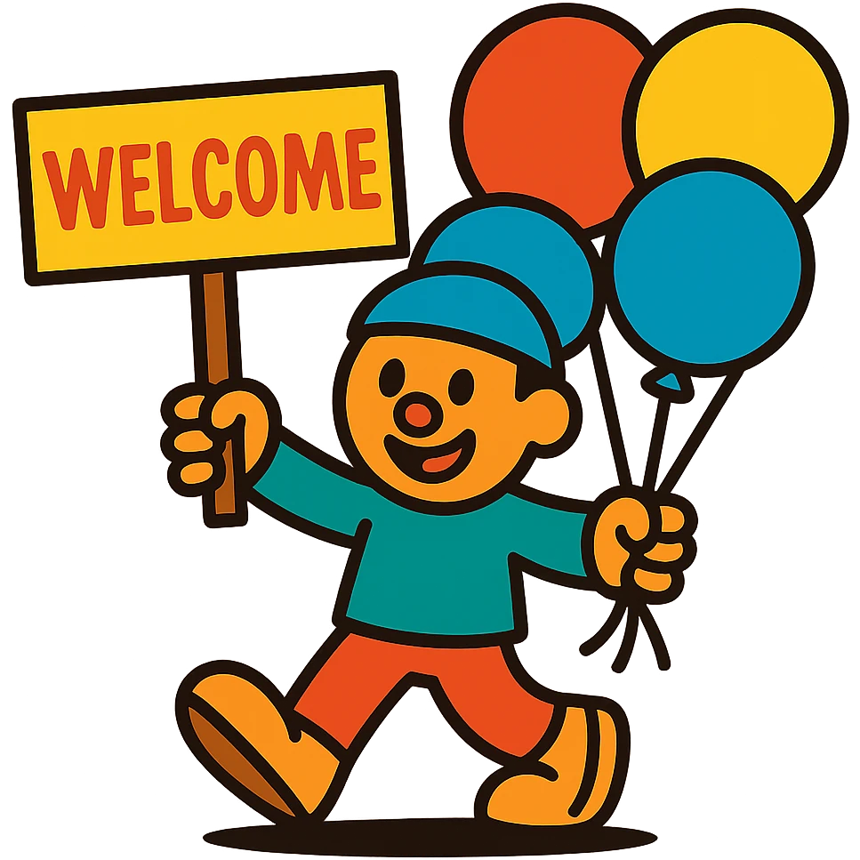 character with balloons and a welcome sign emoji