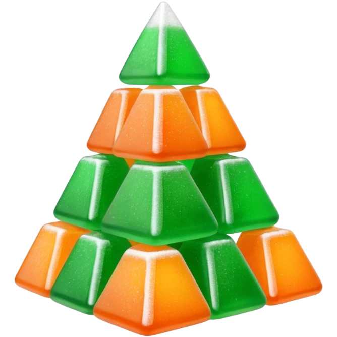 3D render of Gumdrop Pyramid, made entirely of dessert materials, glistening sugar crystal texture, stacked green and orange sugar-coated jelly candies, delicious confectionery aesthetic, Apple emoji style, isolated on white background --v 6.0. emoji