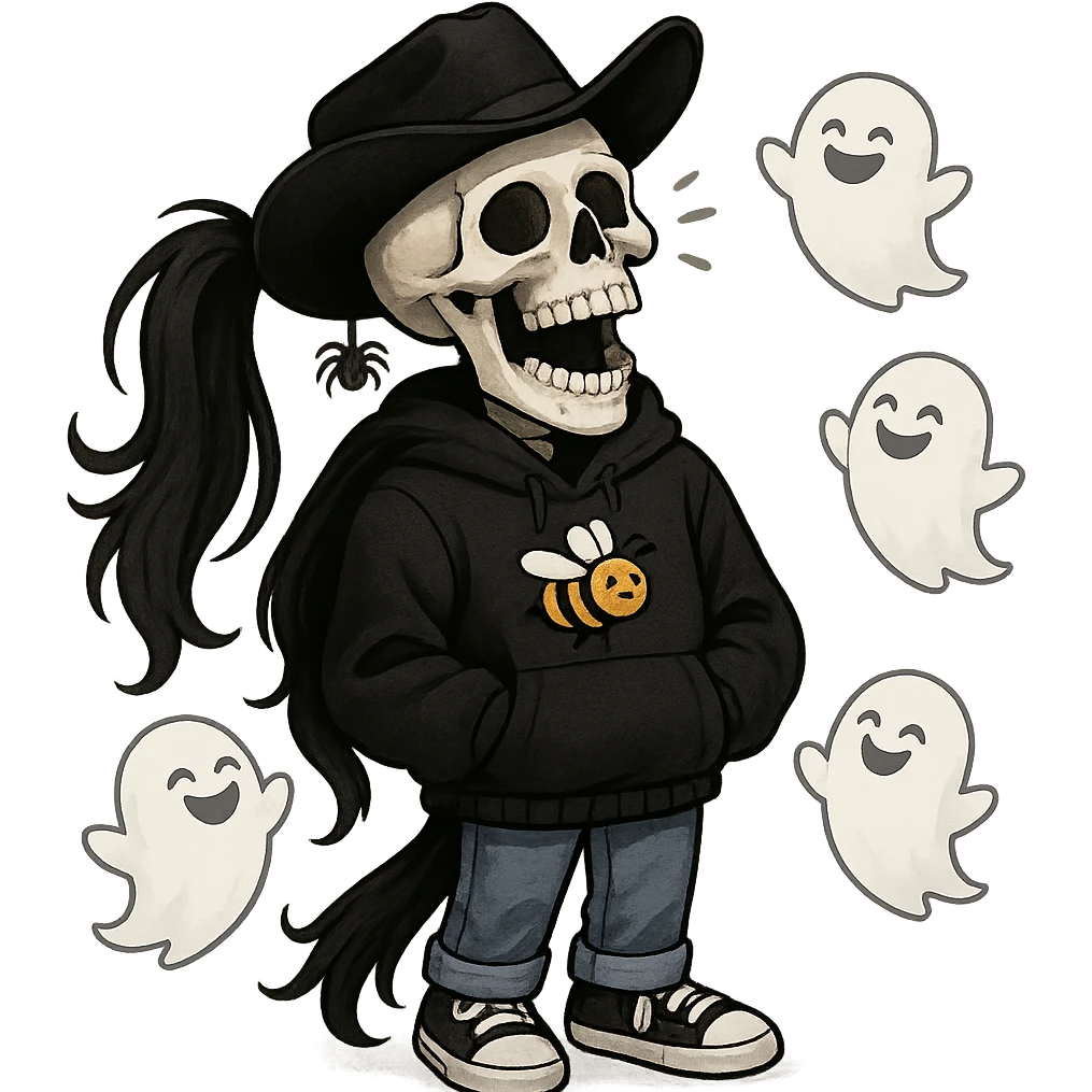 a skeleton in a bee-themed black hoodie, long black hair in a ponytail, black cowboy hat with a spider keychain, joyful and laughing, blue jeans, black and white tennis shoes, hands mostly hidden, small ghosts laughing around him emoji
