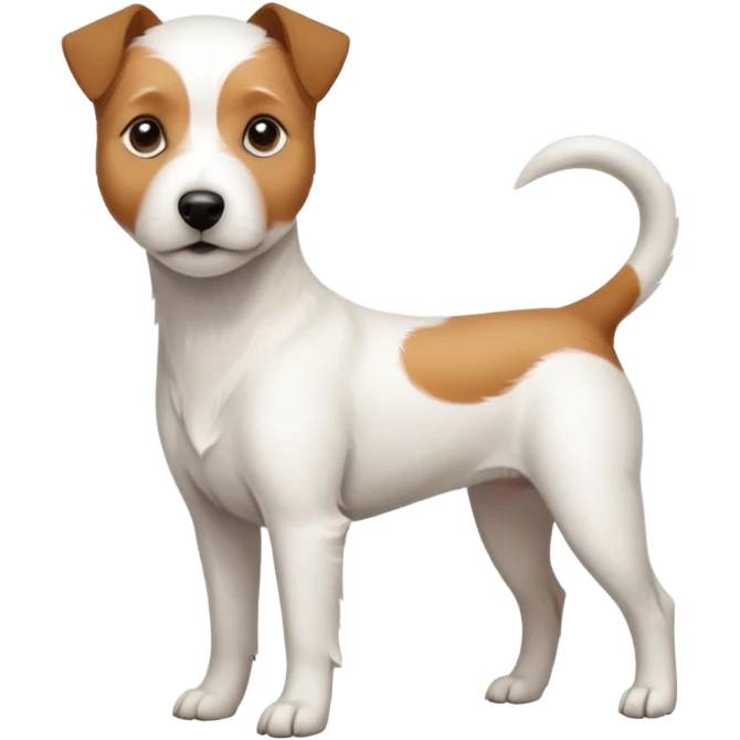 a full body slightly chubby white parson russell terrier looking dog the size of a kelpie with light brown long ears and a light brown patch on one eye and a large snout. the rest of the dog is completely white emoji