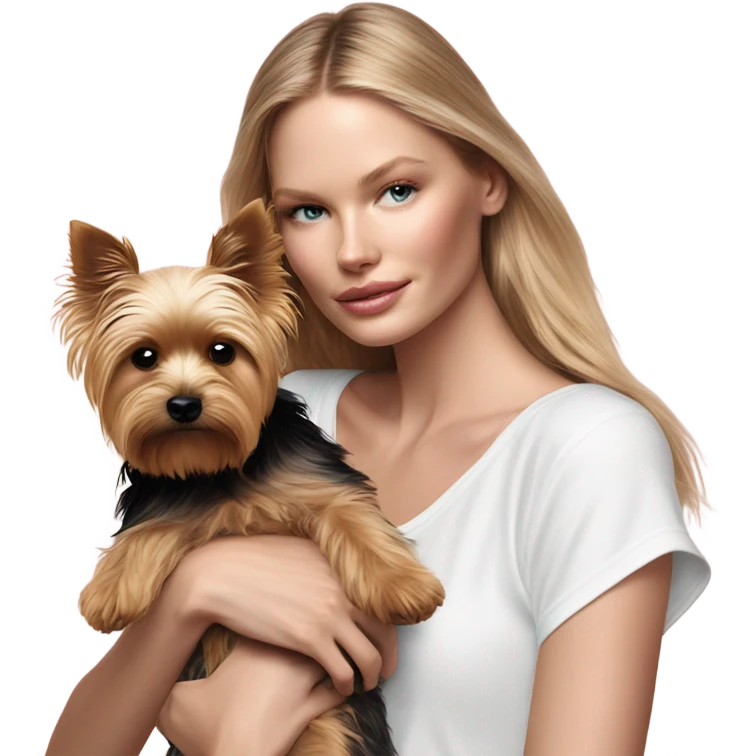 Photo Real pale Victoria secret model cuddling a Yorkshire terrier  emoji