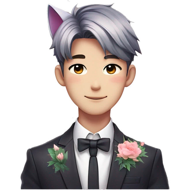 Gorgeous romantic anime style Asian formal modern gentlemanly guy with cat ears and flowers and blushing face aesthetic trending style outside with colorful gradient colors emoji