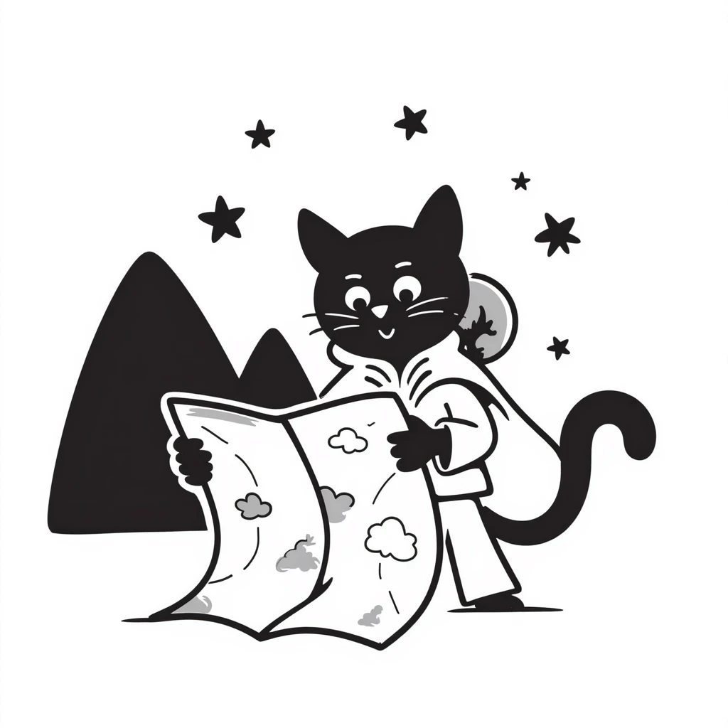 Adventurous cat explorer studying a map, mountains and stars in background, light clothing and cloak flowing in the wind, looking thoughtfully into the distance emoji
