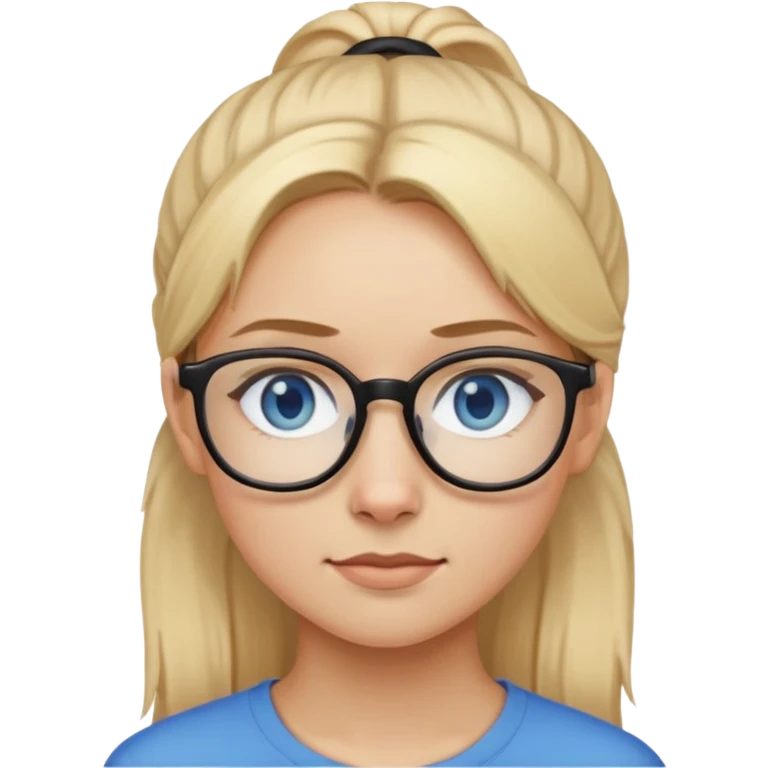 Girl with blonde ponytail blue eyes small nose small mouth and glasses with thin black frames emoji