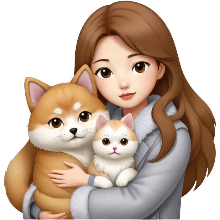 A Chinese fashion girl with brown hair, wearing a light gray fur coat, hugging a Shiba Inu and a long-haired white Persian cat. emoji