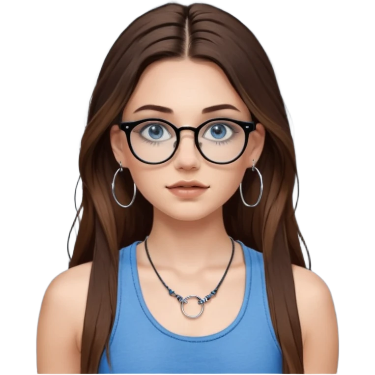 White girl with long brown hair, part going more to the RIGHT side, BLUE eyes, wearing BLACK plastic frame glasses that go from black to CLEAR ombré from top to bottom. SEPTUM nose piercing hoop, AND stud nose piercing on right side of nose. Wearing BLACK tank top. Wearing big hoop earrings  emoji