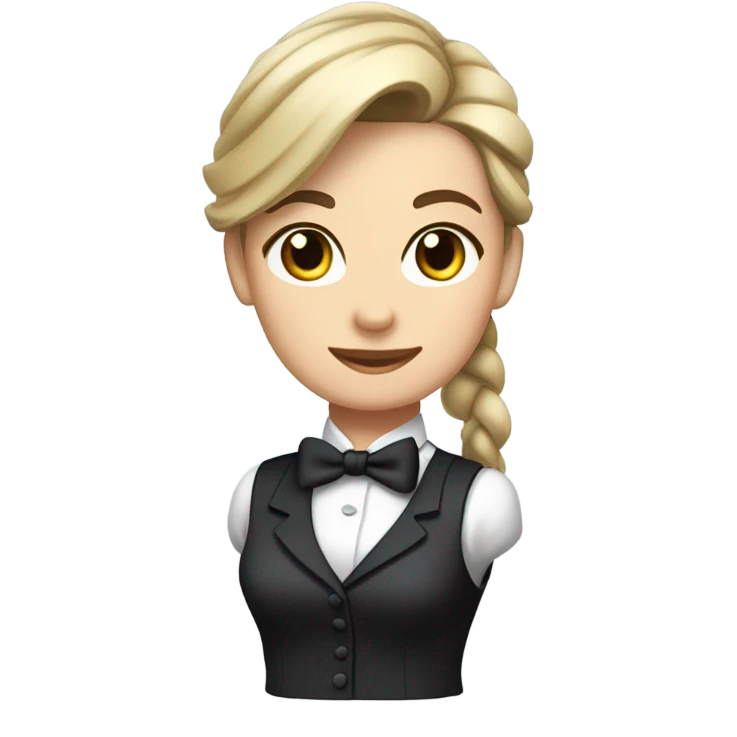 a caucasian female butler with a professional and elegant demeanor. She has her hair neatly tied in a ponytail and wears a classic butler uniform, including a tailored vest, crisp white shirt, and bow tie. emoji