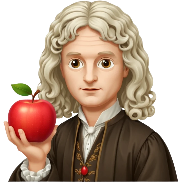 Isaac Newton wearing 17th-century aristocratic attire with long curled periwig, hold an apple emoji