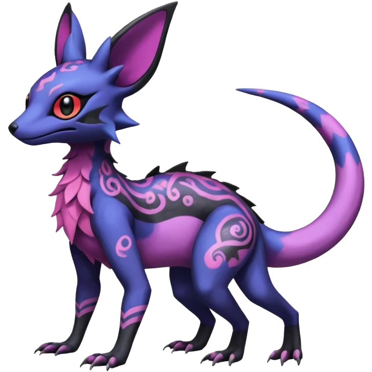 Rare epic aesthetic colorful Salandit-Noibat-Eevee-Genet-species-Fakemon-hybrid-creature, with markings, full body emoji