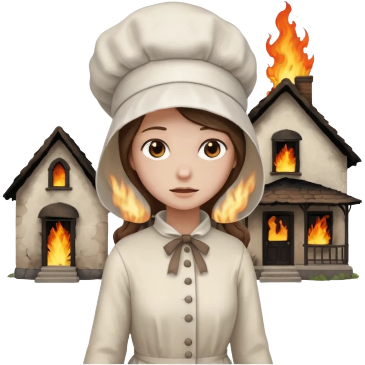 handmaids tale style woman burning house down walking away from house. shes wearing the nun hands maid tale hat cant see her face with brown hair  emoji
