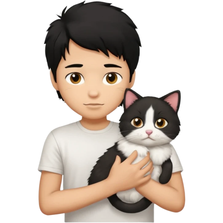 generate a pretty bratz emoji of a boy with black hair wearing a white tshirt and holding a cat  emoji