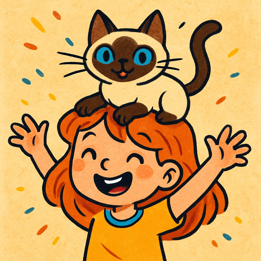 a cute girl with a siamese cat on her head, playful illustration, lively and fun emoji