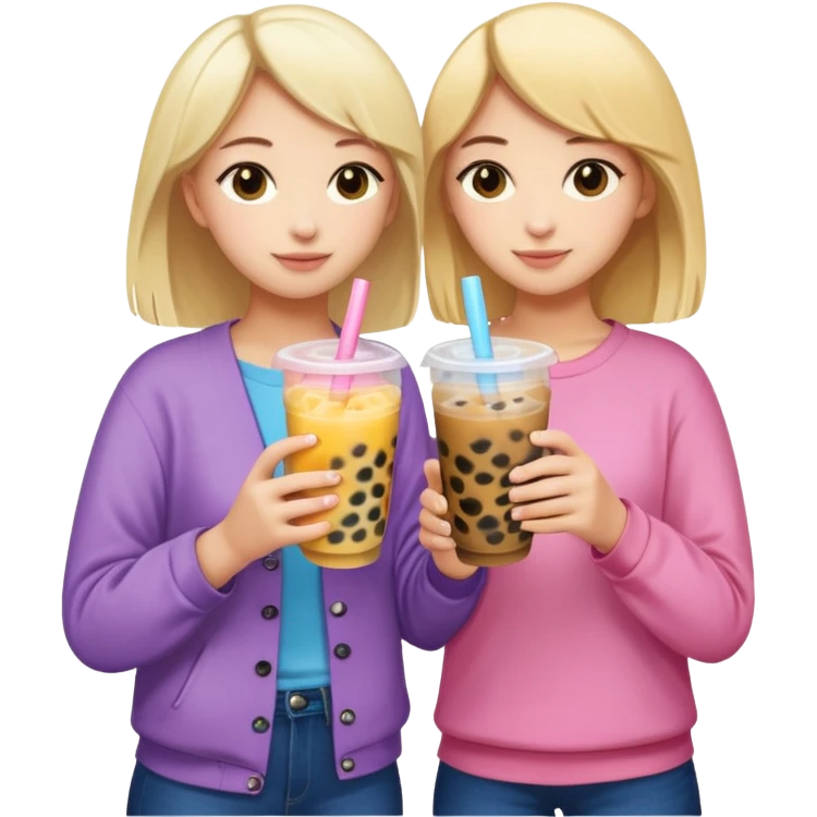 two friends, one blonde and one brunette, standing with their backs, hugging each other with one hand and holding bubble tea with the other, emoji style, with colorful bubble tea cups emoji