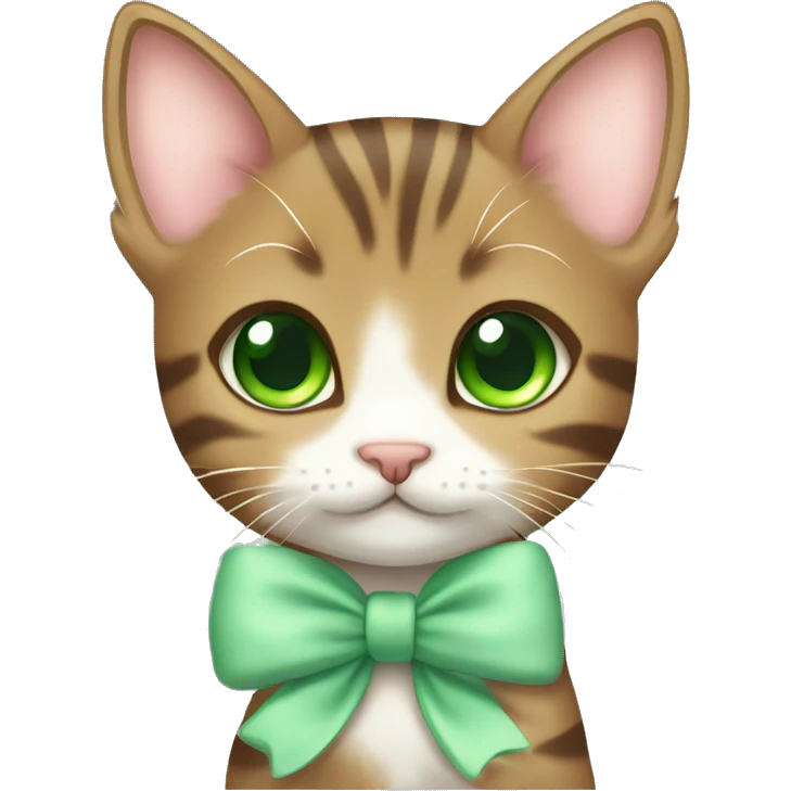 kawaii brown tabby kitten with green eyes and pastel green bow on ear emoji