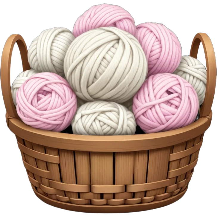detailed, hyperrealism, still life beautiful ball of chunky white to light pink color wool, placed in a dark wooden basket, with other types of wool, to knit a blanket. Transparent background  emoji