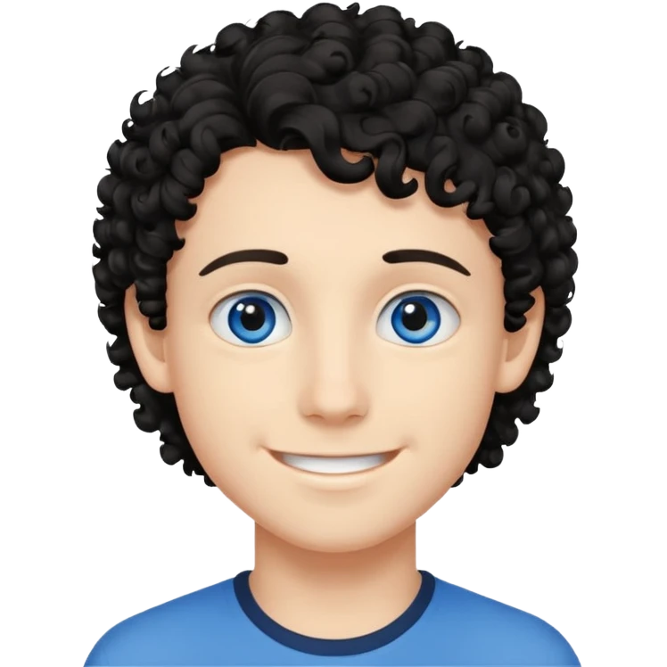 boy, young face like 18 years, blue eyes, medium curly hair black, easy smile emoji