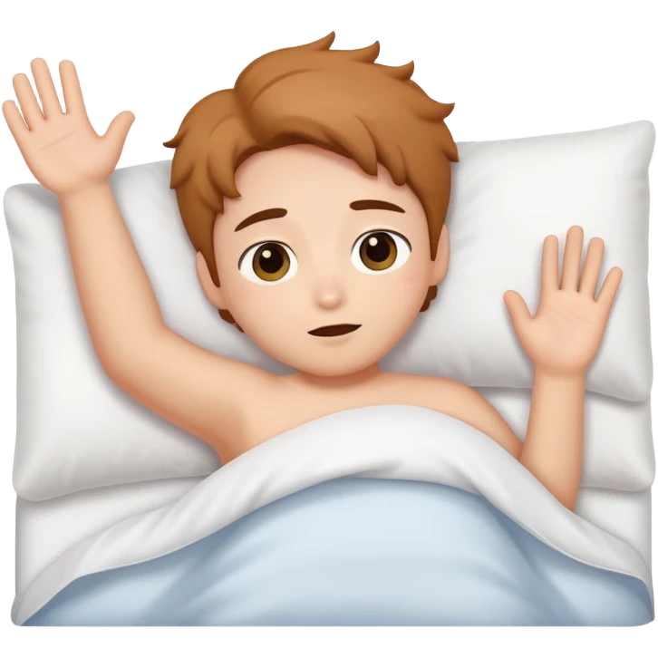 A cute character named Boksil waving gently while lying down in bed with eyes closing, looking sleepy emoji