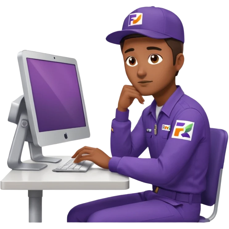 emoji of a man sitting at the table with an imac on it, a man is sitting in a very thoughtful pose, he has his hands on the table and his head resting on themб he look into the screen of imac, he is dressed in FedEx delivery uniform emoji