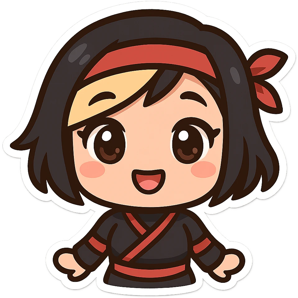 Super cute kawaii chibi style sexy ninja girl with black short hair and a blonde streak, only head and arms visible, big sparkling eyes, round face, soft colors, playful charm, bold outlines, transparent background, no mask, hand at side, smiling, sized for Twitch emoji use. emoji