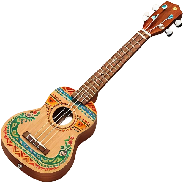 Create a vibrant and artistic emoji representing a ukulele with a Mexican design. The ukulele should feature a bright, colorful body with traditional Mexican patterns, such as geometric shapes, floral motifs, or colorful stripes. Use rich, warm tones like red, yellow, green, and blue to give the instrument a lively, festive look. Highlight the wood grain of the ukulele’s neck and fingerboard, and add subtle details like decorative inlays or a small Mexican flag symbol on the body. The strings should be clearly visible, and the instrument should be in a slightly angled position to showcase its unique design. The background should be transparent. emoji