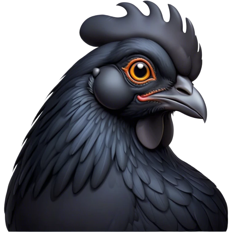 Cinematic Noble Black Chicken Portrait Emoji, Poised and regal, with a compact, sturdy build and a glossy, well-groomed pure black plumage, deep-set soulful beady eyes, Simplified yet sharp and sophisticated features, highly detailed, glowing with a soft, dignified glow, high shine, intelligent and alert, stylized with an air of mysterious elegance, focused and attentive, soft glowing outline, capturing the essence of a watchful and confident fowl, so majestic it feels as though it could strut out of the screen with effortless authority! emoji