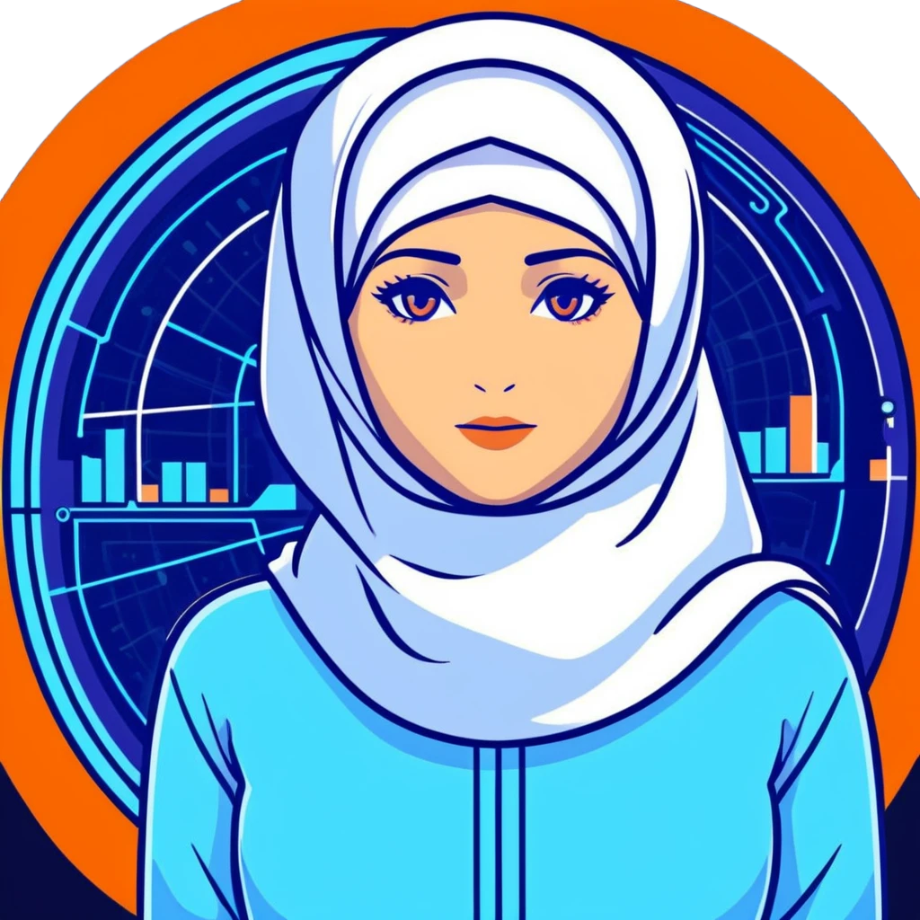 woman with white hijab in blue outfit, gazing forward, encircled by futuristic holographic screens displaying AI visualizations, quantum data patterns, circuit networks, high-tech metaverse elements emoji