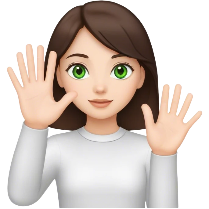 Cute brunette girl with green eyes waving greeting with one hand emoji