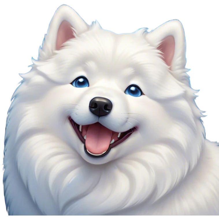 Cinematic Cute Yawning Samoyed Portrait Emoji, Head tilted slightly with a dramatic, wide-open yawn, showcasing a soft, fluffy white Fur with a gentle shimmer, floppy ears slightly drooping, round blue eyes barely open in drowsy contentment, Simplified yet irresistibly adorable features, highly detailed, glowing with a soft, cozy glow, high shine, relaxed yet expressive, stylized with a touch of whimsy, bright and endearing, soft glowing outline, capturing the essence of a sleepy yet affectionate companion, so drowsy it feels like it could stretch right out of the screen and curl up for a nap! emoji