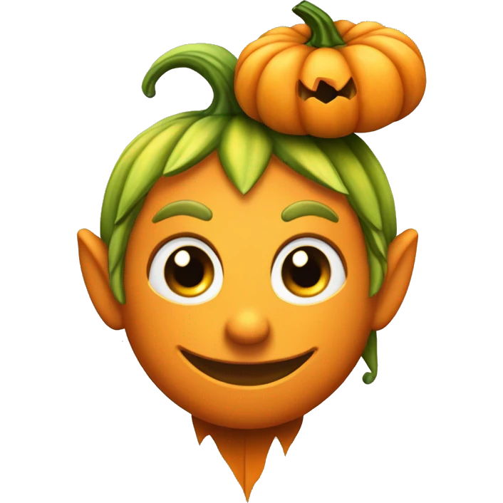Elf with a pumpkin head, carved smile face on the pumpkin, leaves in hair, Halloween theme, emoji emoji