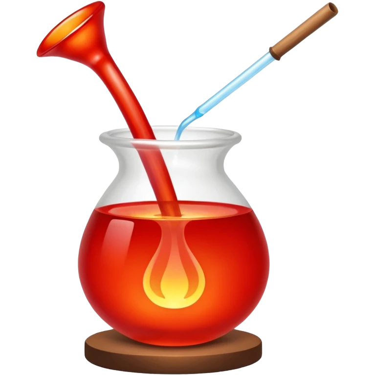 Glassblowing and casting icon, molten glass being shaped into a delicate object with a blowpipe, glowing red-hot glass being poured into a mold, unfinished glass sculpture, minimalistic style, clean lines, transparent background. emoji