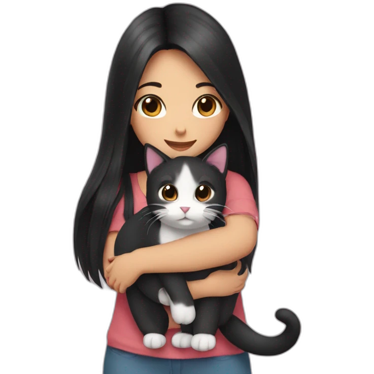 A girl with long black hair hugging a beautiful cat emoji