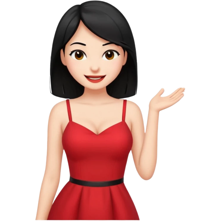 Chica joven pelo sémi largo color negro lacio delgada con con pechos grandes vestido rojo con sonrisa amigable y guiñando el ojo emoji