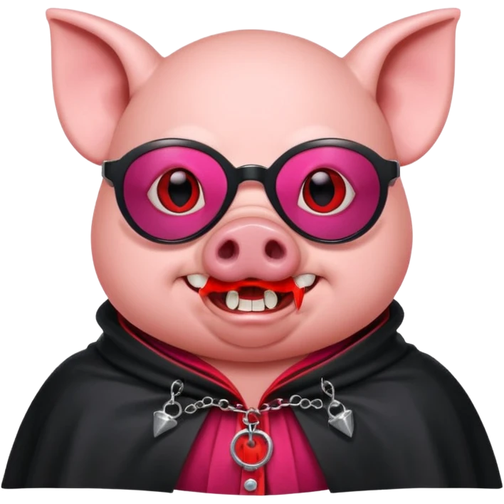 Vampire animal, pig in red collar cloak, red eye, fangs, sunclasses emoji