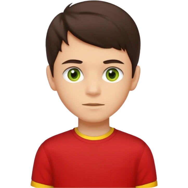 A portrait of a 14-year-old boy, he's got dark-brown hair, light brownish skin and green hazel eyes. he's wearing a red t-sirt with yellow sleeves. emoji
