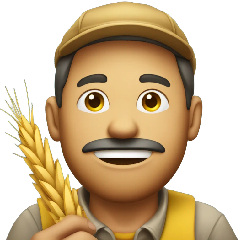 Round face yellow emoji farmer with wheat in mouth emoji